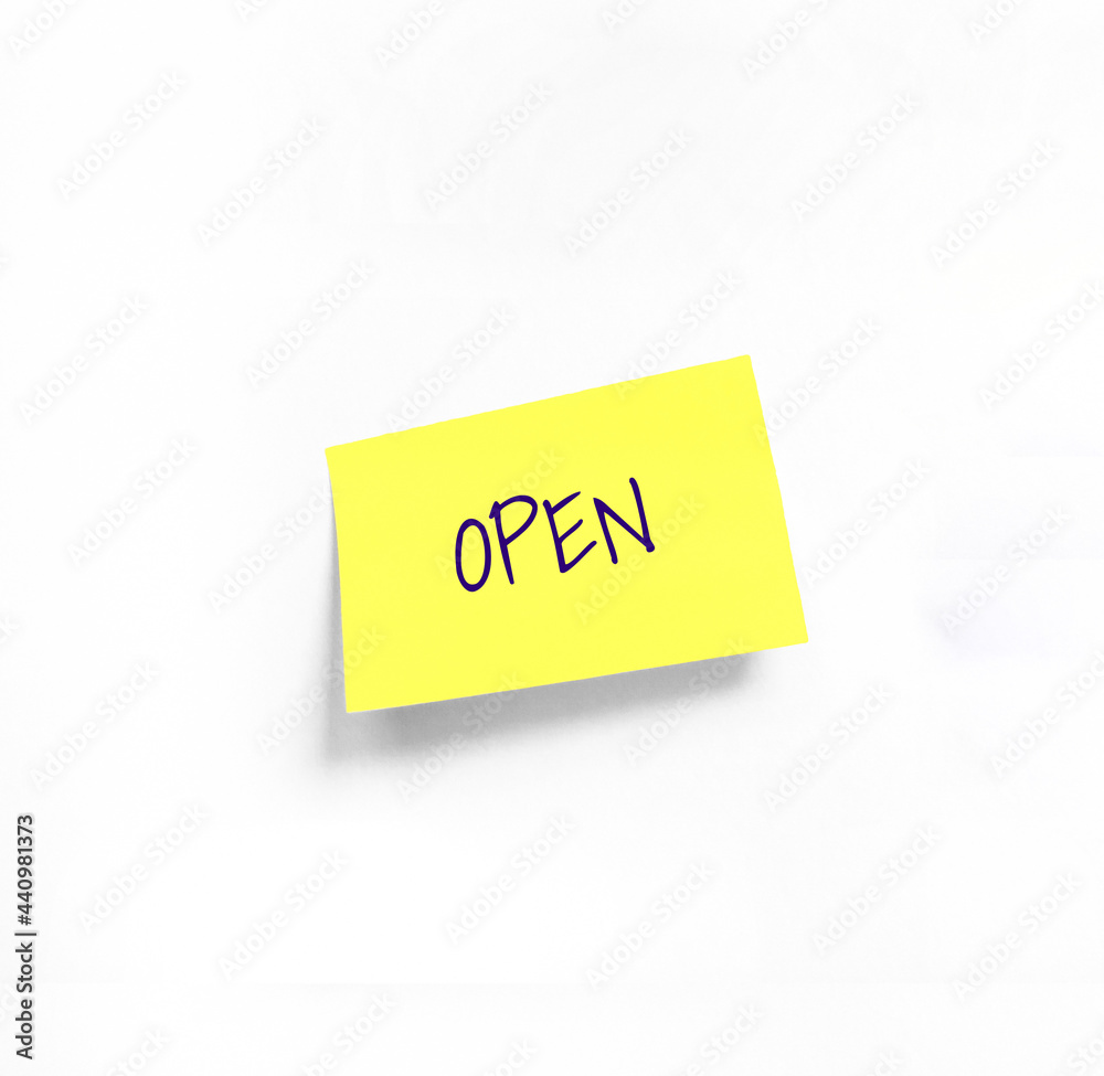Isolated Yellow sticker with Open Handwriting text on white Whatman paper. Concept programming, testing, business. Handwriting text, copy space Isolated Yellow sticker with Open Handwriting text on white Whatman paper. Concept programming, testing, business. Handwriting text, copy space