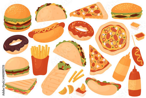 Fast food restaurant menu set vector illustration. Cartoon yummy fastfood meal sticker collection with delicious hot dog sandwich hamburger taco pizza donut french fries cheeseburger isolated on white