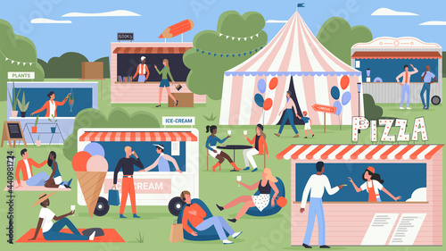 Street market fair, fast food festival in city park vector illustration. Cartoon summer fest, pizza, ice cream kiosk marketplace and circus with crowd of walking friends, family people background