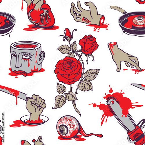 Seamless pattern with severed head and hands, torn out human heart and eyes in a bloody puddles. Repeating vector background with terrible pictures for Halloween party design in cartoon style