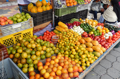 Fruits and vegetables displayed for sale at the market in Otavalo, Ecuador.