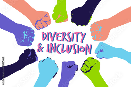 Circle of fists, diversity and inclusion concept. Equality and cooperation. Colourful vector illustration of fists together. Teamwork and motivating engaging activity concept. Help and support. 
