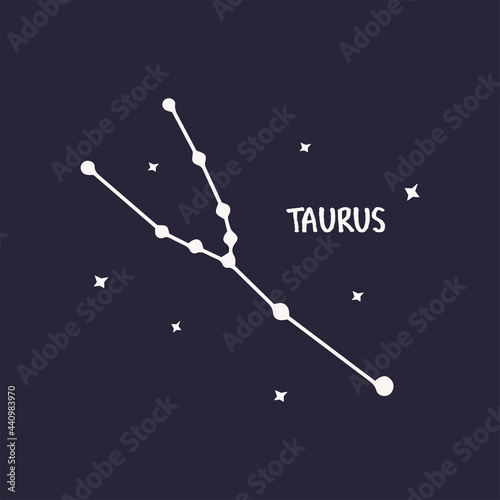 Constellation Taurus. Blue background print vector hand drawn illustration with stars. Space of the universe, astronomy, zodiac sign