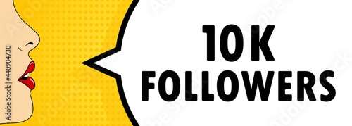 10 k followers. Female mouth with red lipstick screaming. Speech bubble with text 10 k followers. Retro comic style. Can be used for business, marketing and advertising. Vector EPS 10