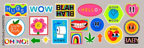 Set of Various Patches, pins, stamps or Stickers. Abstract funny cute comic Characters. Different Phrases and words. Hand drawn trendy Vector illustrations. Cartoon style. All elements are isolated.