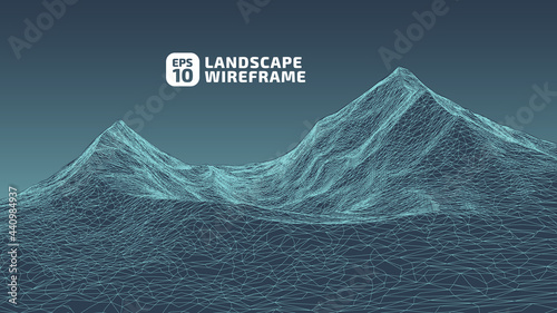 Abstract wireframe background. 3D grid technology illustration landscape. Digital Terrain Cyberspace in the Mountains with valleys. Data Array. Vector Illustration.