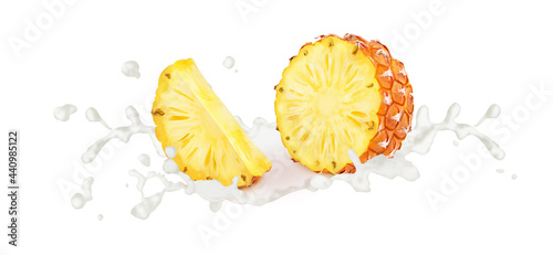 Cutted pineapple in milk splashes isolated on white background.