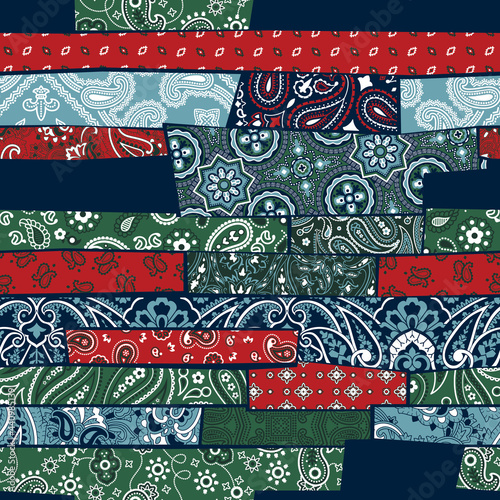 Bandana paisley fabric striped patchwork abstract vector seamless pattern 