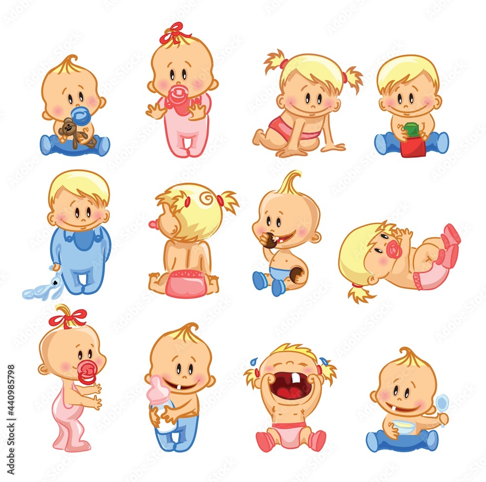 Vector illustration of baby boys and baby girls and daily routine set of cute cartoon Infancy and Infant Illustrations Vector illustration of baby boys and baby girls and daily routine set of cute cartoon Infancy and Infant Illustrations