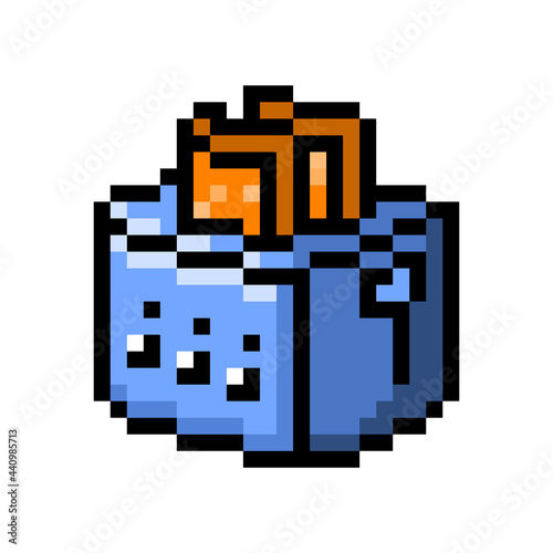 2d 8 bit pixel art toaster with 2 pieces of bread icon isolated on white background. Small cooking appliance symbol. Vintage retro 80s, 90s computer, video game, slot machine graphics. Kitchen object.