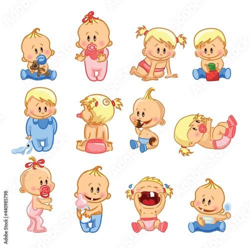 Vector illustration of baby boys and baby girls and daily routine set of cute cartoon Infancy and Infant Illustrations