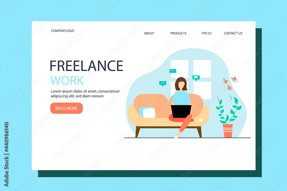 Girl working from home. Landing page template. illustration in a flat style.