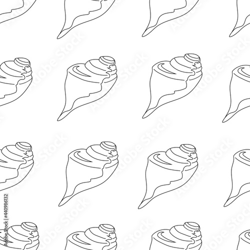 Outline seashells on a white background. Cartoon style wallpaper. Hand drawing. Vector illustration.