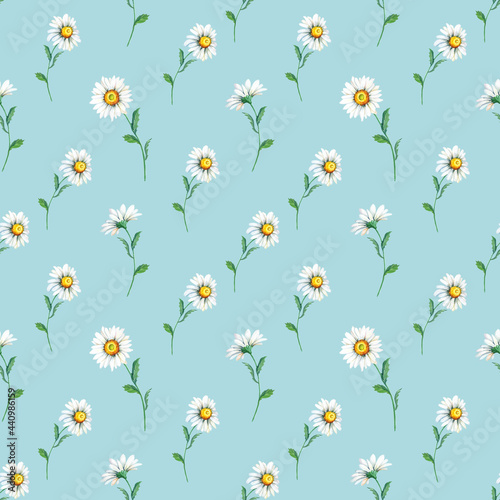 Cute tiny white chamomile on a light blue background. Watercolor Abstract seamless pattern