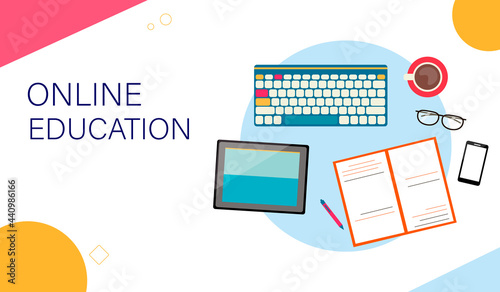 Landing page template. Top view of the table with objects. Distance learning concept. illustration.