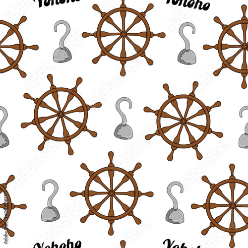 Steering wheel ship and pirate hook on a white background. Cartoon style. Print for a pirate party. Hand drawing. Vector illustration.