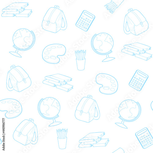 set of different drawings related to the school. Blue and white color. Back to school icons. Hand drawing. Vector illustration.