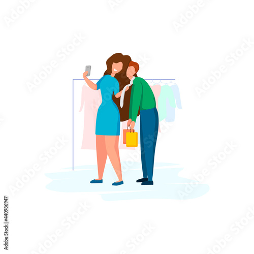 Couple taking selfie in a clothing store. Funny family in a modern flat cartoon style. Isolated vector illustration