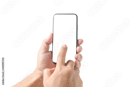 Finger touch on withe blank screen smartphone isolated on white background,