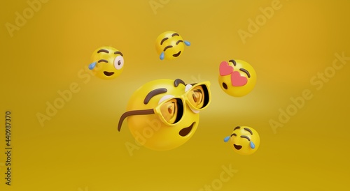 Emoji display various expressions 3d rendering on yellow background