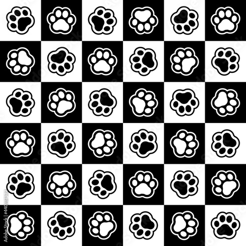 Pet prints. Paw seamless pattern. Repeated background. Paw pets, dog or cat. Repeating puppy foot. Footprint pet. Animal track. Trace foot dog, cat. Design walks pet for print. Vector illustration © Omeris