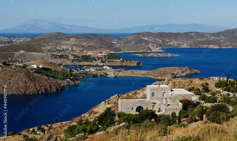 View of the east coast of the Greek island of Patmos in the Dodecanese archipelago