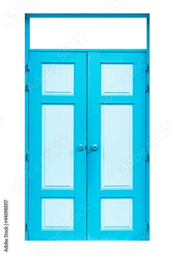 The large entrance door blue solid wood isolated on a white background