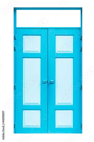 The large entrance door blue solid wood isolated on a white background