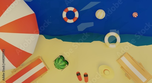 Summer themed 3d rendering on the beach and travel