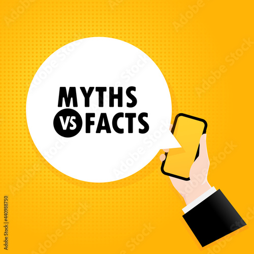 Myths or facts. Smartphone with a bubble text. Poster with text Myths or facts. Comic retro style. Phone app speech bubble. Vector EPS 10. Isolated on background