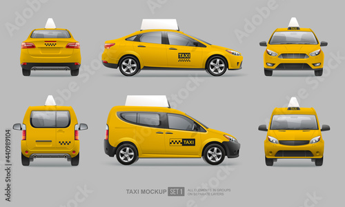 Set of Yellow taxi service car realistic vector template for mockup design. Yellow Taxi cab hatchback and sedan side view. City passenger transport template for advertising design