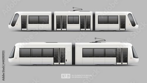 Set of passenger Tram Train, Streetcar - vector mockup template. White metro train, Light rail train for branding identity and advertising design. City Electric transport mockup Isolated on grey