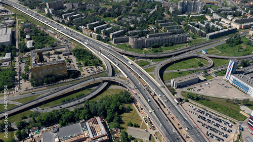 Aerial top view of bridge road automobile traffic of many cars, transportation concept