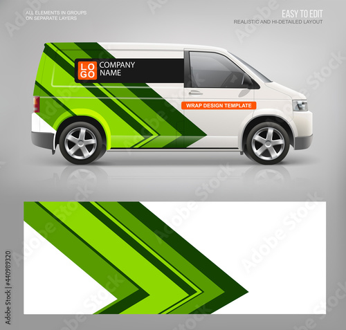 Realistic Van mockup and wrap decal for livery branding design and corporate identity. Abstract graphic of green stripes Wrap, sticker and decal design for advertising on services van and race car
