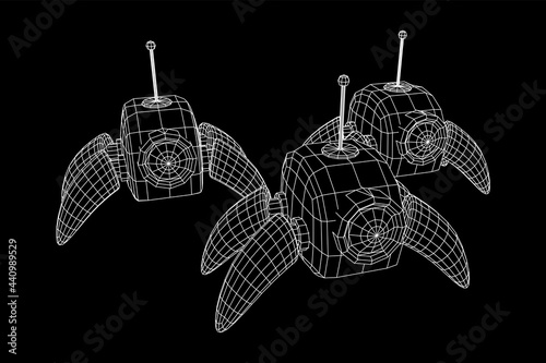 Spider robot with radar antenna. Nanobot, nanotechnology medical concept. Wireframe low poly mesh vector illustration