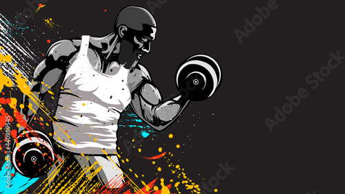 Bodybuilder vector illustration. Strict coach bodybuilding and fitness logo. Baner for sport gym.