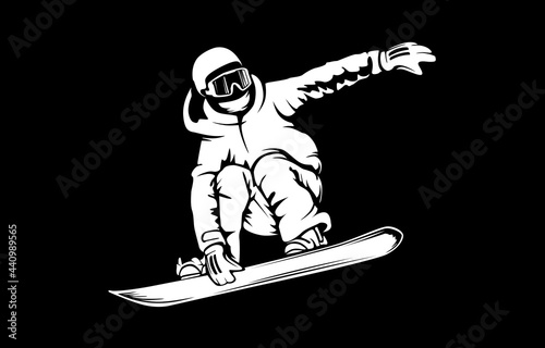 Snowboarder in action vector illustration. Extreme winter sports. Snowboarding emblem. Sport club logo. Snowboarding equipment.