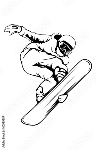Snowboarder in action vector illustration. Extreme winter sports. Snowboarding emblem. Sport club logo. Snowboarding equipment.