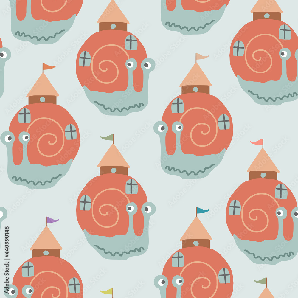 Hand drawn vector seamless pattern with cute snails with houses on their shells with tiny flags