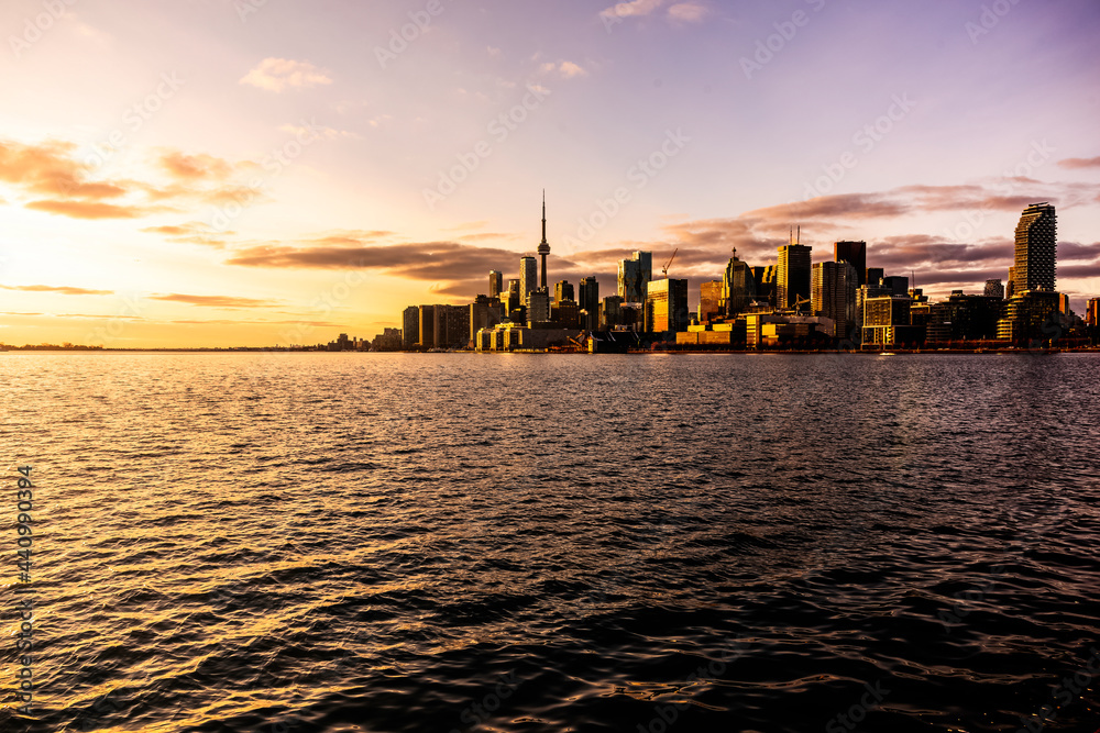 Toronto cityscape located at Polson Pier with lake Ontario in it,