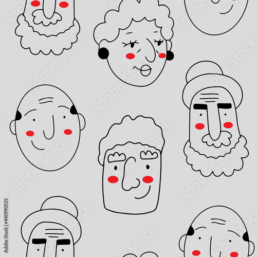Vector seamless pattern with line doodle faces of elderly people, seniors