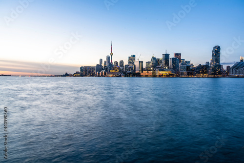 Toronto skyline at Polson Pier with lake Ontario