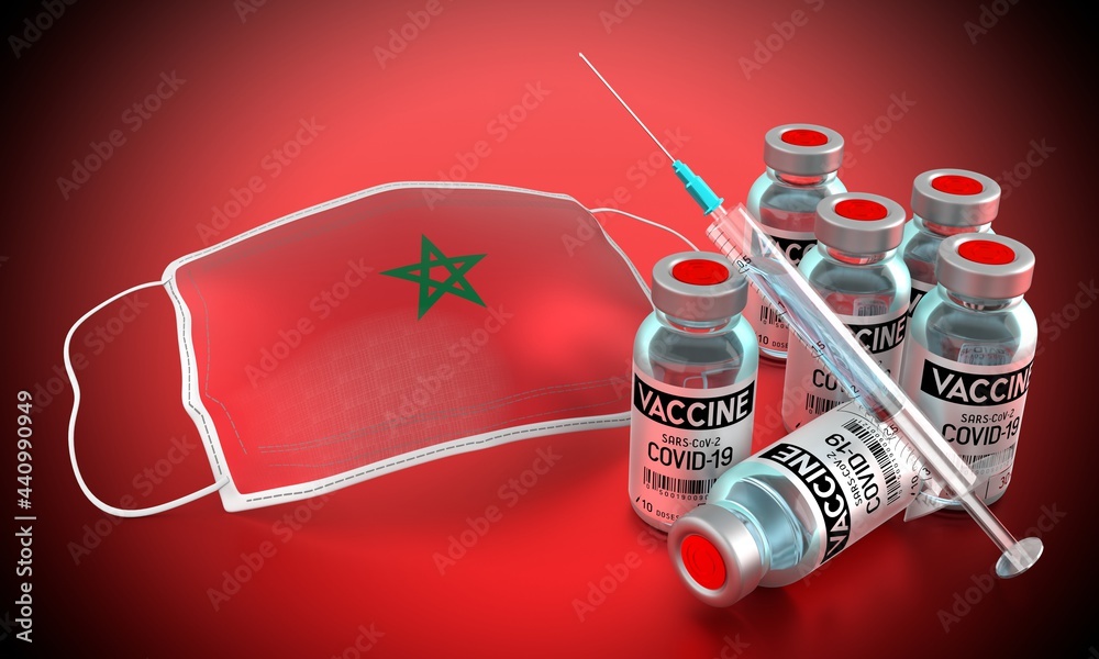Covid-19, SARS-CoV-2, coronavirus vaccination programme in Morocco - face mask, vials, syringe - 3D illustration Covid-19, SARS-CoV-2, coronavirus vaccination programme in Morocco - face mask, vials, syringe - 3D illustration