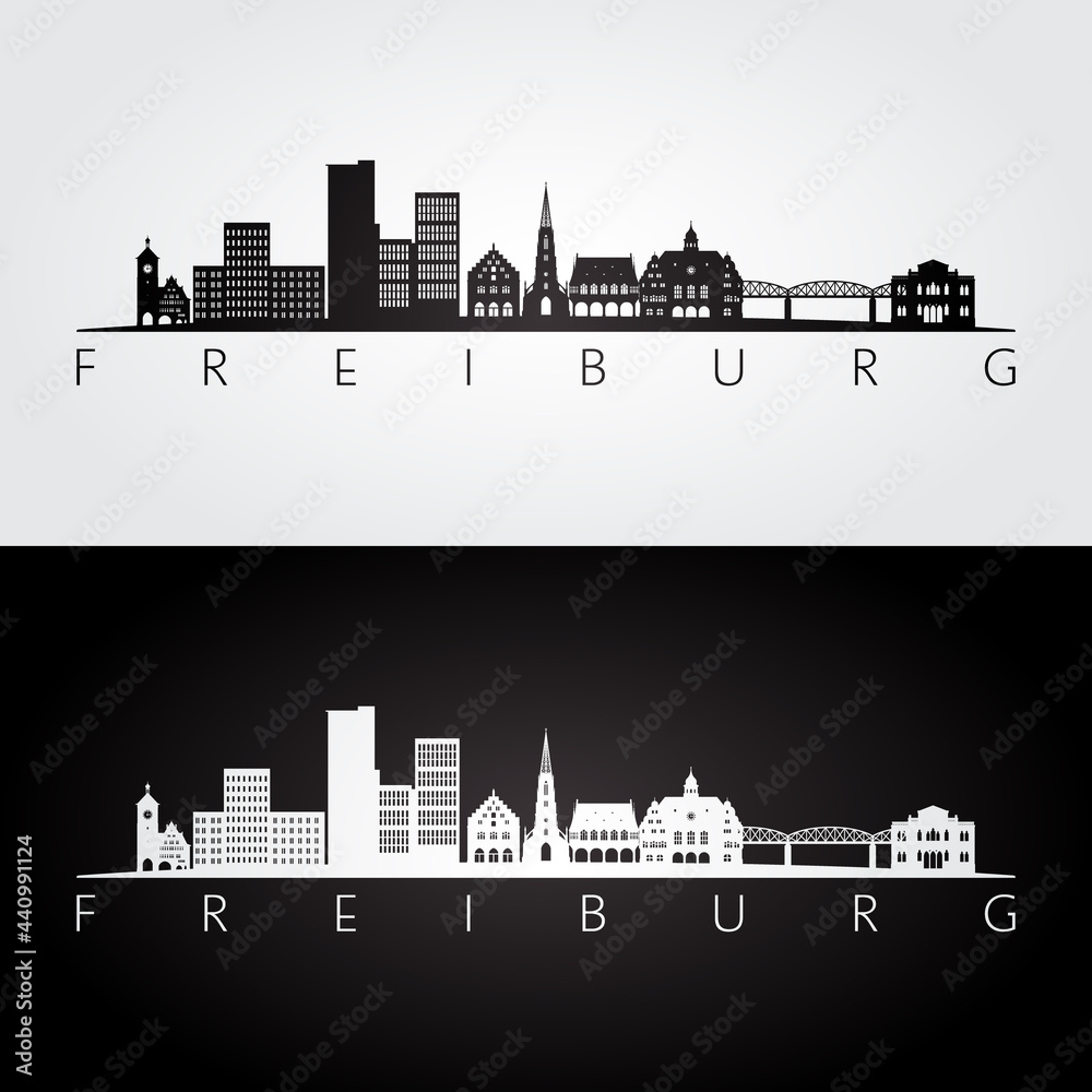Naklejka premium Freiburg skyline and landmarks silhouette, black and white design, vector illustration.
