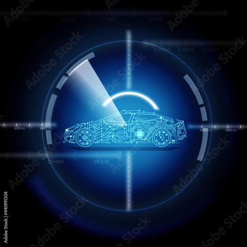 driverless car illustration - autonomous driving - radar scan drive anonymously