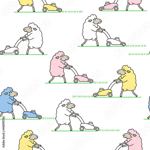 Many cheerful colored sheep mows the grass with a lawn mower and makes lawn. Cute cartoon seamless pattern with funny farm animals on white background.