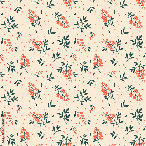 Vintage seamless floral pattern. Liberty style background of small pastel flowers. Small blooming flowers scattered over a ecru background. Stock vector for printing on surfaces and web design.