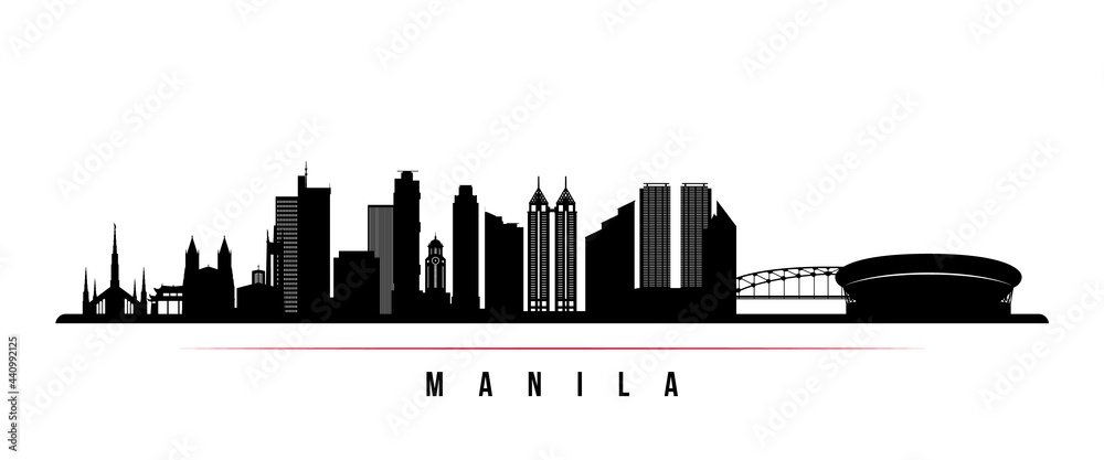 Manila skyline horizontal banner. Black and white silhouette of Manila, Philippines. Vector template for your design.