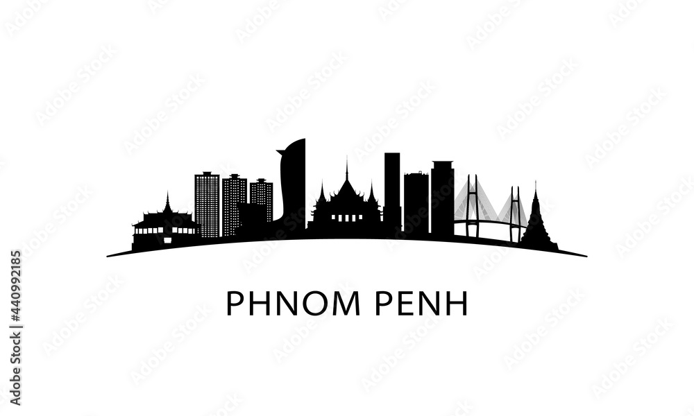 Phnom penh city skyline. Black cityscape isolated on white background. Vector banner.