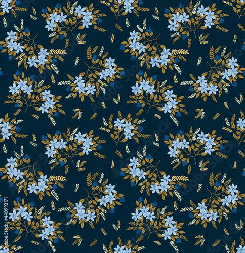 Vector seamless pattern. Pretty pattern in small flowers. Small blue flowers. Dark blue background. Ditsy floral background. The elegant the template for fashion prints. Stock vector.